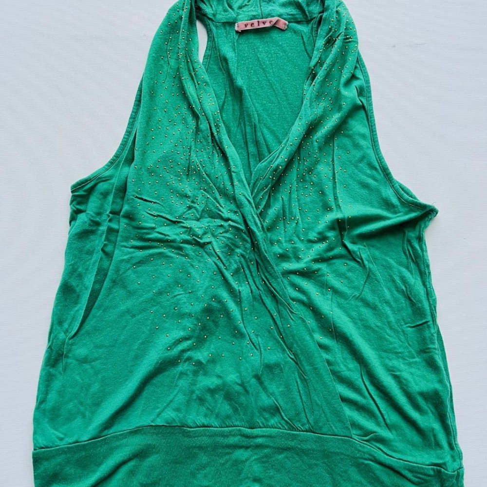 VELVET Open Front Cross Top Green Gold Embellished ( S )